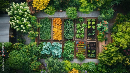 An aerial view of a raised garden bed with various plants and vegetables.