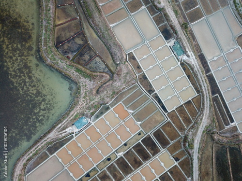 An aerial view of the Salt marshes of Guérande. Loire-Atlantique, France - August 14, 2023.