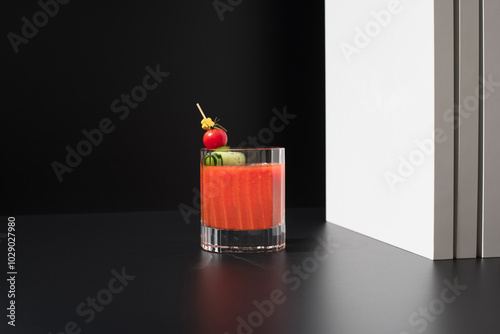 Cóctel Bloody Mary adornado con tomate cherry y pepino sobre fondo negro