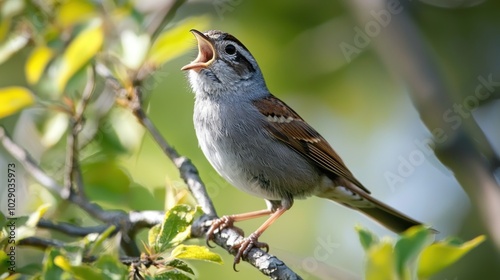 A songbird chirping with its beak open, in a natural setting.