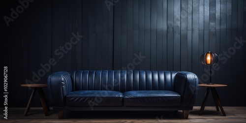 A blue leather sofa with tufted backrests in a dark, minimalist setting with a single lamp on a side table.