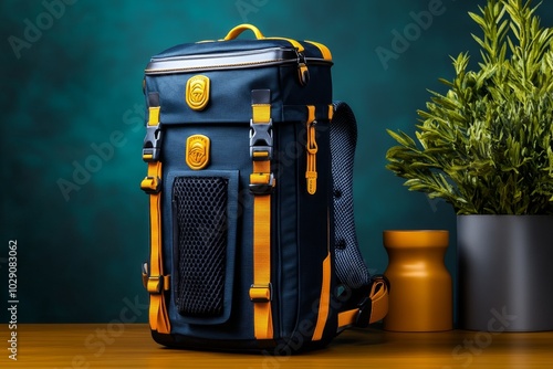 Hyper-realistic image of a hiking backpack, with each buckle, strap, and zipper rendered in stunning detail, highlighting the rugged design and durability