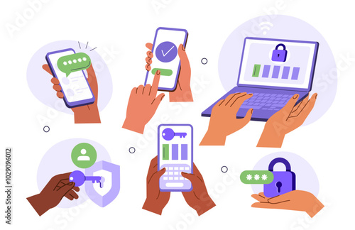 Characters hands holding smartphone, laptop and typing two factor authentication code, pin to verify their id and security access. Vector illustration. 