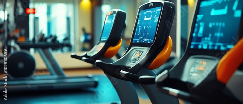 Hightech fitness room with digital monitors, sleek cardio equipment, and a futuristic vibe, realistic photo