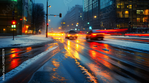 A modern city intersection with icy roads reflecting the glow of traffic lights.