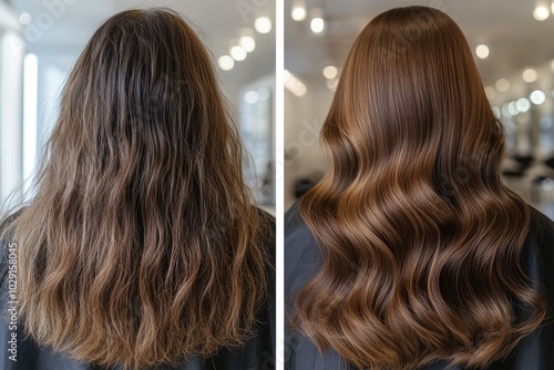 A before-and-after shot showing frizzy, damaged hair on one side and smooth, repaired hair on the other, with blurred salon lighting