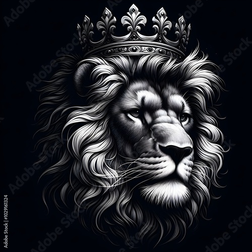 portrait of lion head with crown, looks so brave, gallant and wise, lion digital painting art, black background