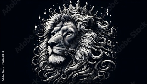 portrait of lion head with crown, looks so brave, gallant and wise, lion digital painting art, black background