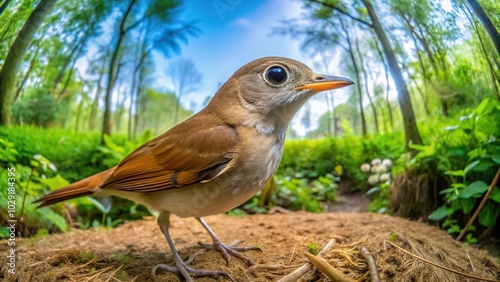 Fisheye view of a common nightingale in the wild