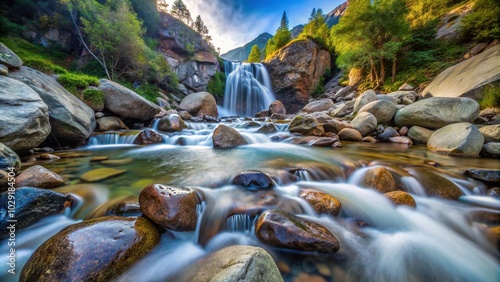 Fisheye view of a mountain waterfall flowing over river rocks with low shutter speed