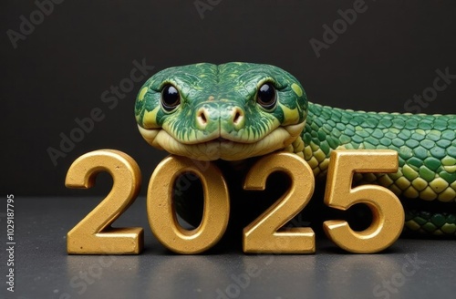 Green wooden snake, oriental symbol of the year, rests its head on the numbers 2025 on black background, Chinese New Year concept.