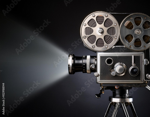 Cámara de cine antigua vintage con un haz de luz proyectado sobre fondo negro