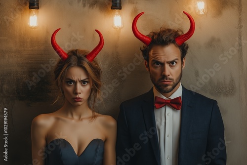 Couple in formal wear with red horns posing for a humorous Halloween photo under vintage lightbulbs, perfect for Halloweenthemed events, party invitations, or social media posts.