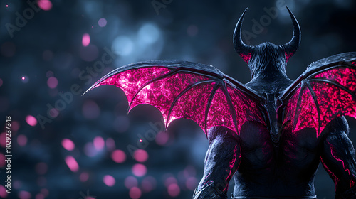 An Imposing Demon with Vivid Red Wings and Dual Glaives Exuding Power and Cinematic Energy in a Fantasy Landscape