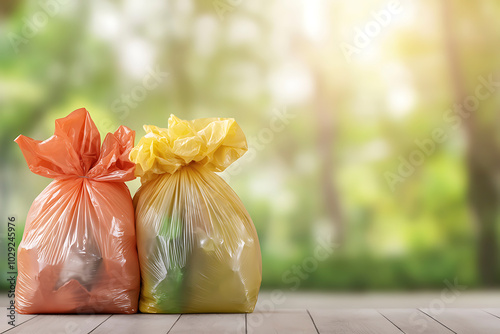 Overflowing trash in plastic bags left by a faded waste bin