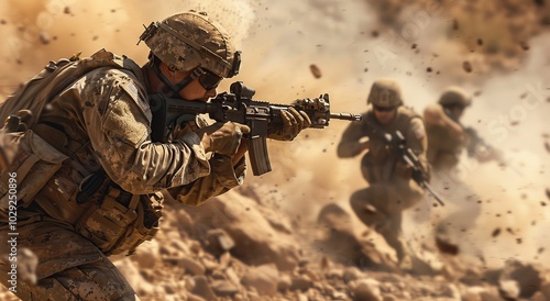 Military soldiers in combat action with gun and explosion background.