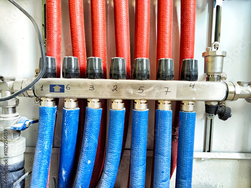 Colored fluid distribution manifold showing numbered red and blue hoses connected in a mechanical setup for water management