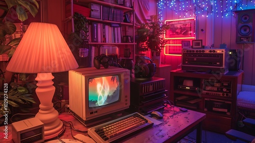 A vintage room with an old computer and lava lamp, softly lit with neon lights, evoking 90s nostalgia