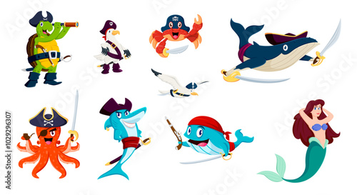 Cartoon sea pirate animals and mermaid characters, Caribbean corsair and captains, vector personages. Sea pirate animals, whale in tricorne hat, octopus filibuster with sword and cute mermaid