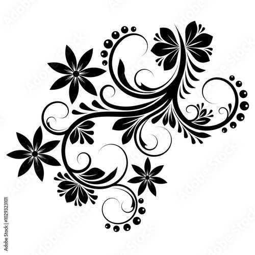 Floral black and white decorative ornament on white background, Pattern of silhouette of flowers, curls, leaves, berries, Element of floristic design