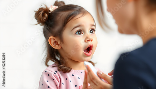 Cute stuttering child girl speaking doing exercises with speech therapist isolated with white highlights, png