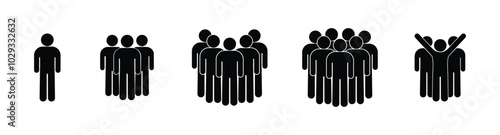 stickman icon set, leader of group of people, isolated pictogram of human silhouettes 