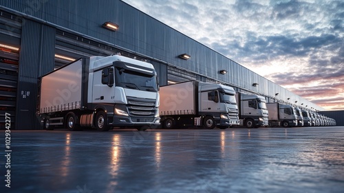 Fleet of logistics trucks parked at a distribution center, ready for dispatch to various destinations