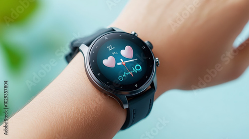 A smartwatch displays a vibrant, colorful watch face with two heart icons and the text "Hello," worn on a wrist with a black strap.