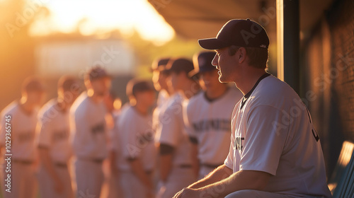 An image of a baseball coach giving a pep talk to his team in the dugout. The players are listening intently, their uniforms slightly dirty from the game.