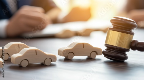 Wooden toy cars and a gavel on a desk during a legal trial, representing the justice system and legal decisions surrounding automobile accidents and liability issues, Gnerative Ai