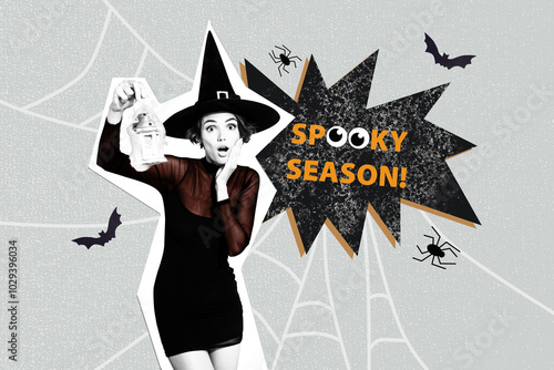 Composite photo collage of astonished witch girl hold flashlight spooky season horror spider bats halloween isolated on painted background