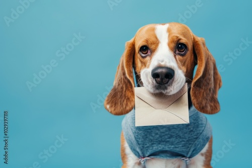 Un cane beagle divertente che indossa una maglietta e tiene una cartolina in bocca