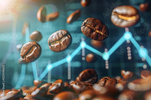 Un grafico finanziario con frecce ascendenti e chicchi di caffè che prendono vita fluttuando sopra il grafico