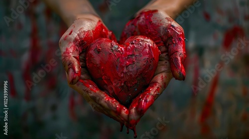 Grungy hands holding a raw, bloody heart to symbolize intense emotion, passion, or love. Dark and gritty background.