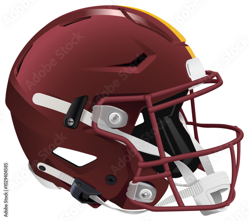 Realistic burgundy 3D helmet for American Football with yellow stripe. Burgundy mask and chin strap