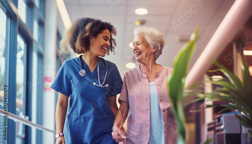 Assistente sorridente e donna anziana sorridente che camminano insieme nel corridoio della casa di cura