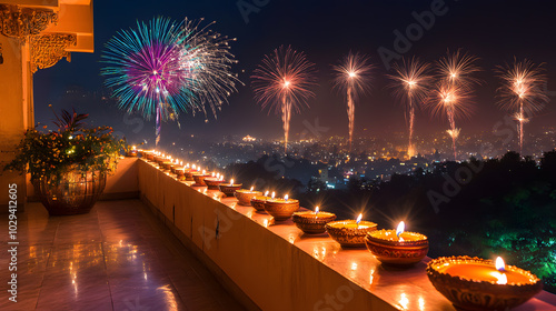 Traditional Diyas Line the Balcony, Stunning Fireworks Display Above