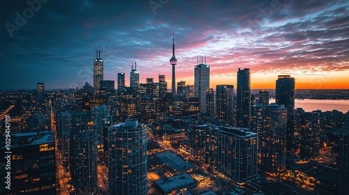 A stunning twilight cityscape of Toronto, showcasing skyscrapers against a vibrant sky with illuminating lights reflecting on the water.