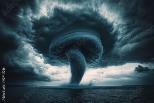 A powerful waterspout forms over the ocean.