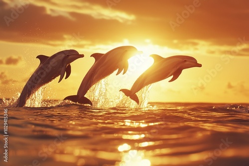 Three dolphins leap in unison at sunset.