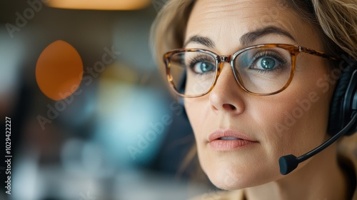 A focused woman efficiently manages communication tasks in a bustling call center, highlighted by the intensity and concentration of her gaze through stylish glasses.