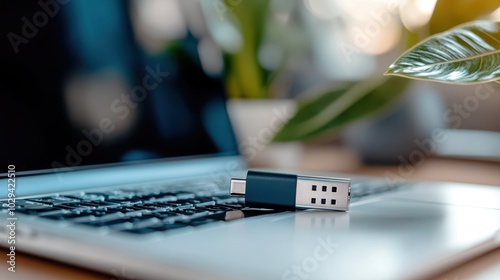 A black USB cable stands prominently on a laptop keyboard, complemented by the presence of greenery, symbolizing technology's cohabitation with natural elements.