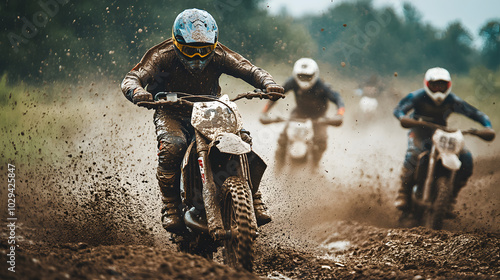 A rider taking the lead in a tight motocross race powering through a muddy section of the track as their competitors struggle to keep up.