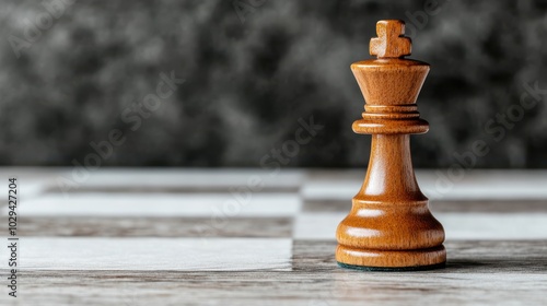 A close-up focus captures a classic wooden king chess piece on a pristine marble checkerboard base, epitomizing strategic gamesmanship and timeless intellectual challenge.