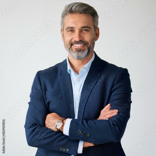 Vertical portrait of happy mid adult business man company owner entrepreneur, smiling mature professional executive manager, confident businessman leader looking at camera standing isolated on white.