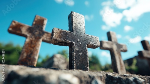 Rusty metal crosses stand prominently in a cemetery, surrounded by greenery under a clear blue sky. The scene evokes a sense of peace and remembrance for those who have passed