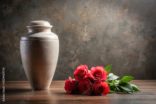 Minimalist roses and urn with ashes surrounded by flowers