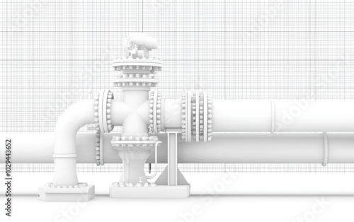 An industrial pipeline system, oil and gas production, grey and black tones, isolated on white background