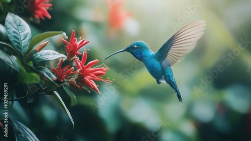 Hummingbird hovering and sucking nectar from red flower