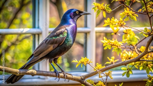 Spring scene with grackle bird reflected in window